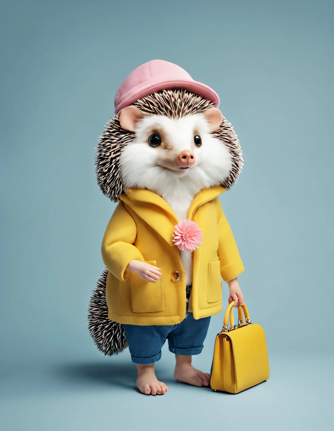 3D style doll design, (a very fat, fashionable and cute little hedgehog),
Wearing a pink turtleneck sweater and a blue (coat) jacket, winter scarf, jeans, gloves, bow tie, butterfly bow tie, small round hat (with floral or feather decorations), push (women's) handbag, cotton, linen, wool, pink and cool blue, paired with soft tones and rich wool texture and fur elements, creating a warm and fashionable winter fashion. Exciting and happy smile, wearing a yellow sun hat, Bouncing and dancing, smiling, shining white fluffiness, bright big eyes, fluffy tail, exquisite and delicate, fairy tale, super details, Pixar style, bright colors, natural light, solid color simple background, 5 and ctane rendering, popular on art stations, gorgeous, ultra wide angle, 8k, high-definition and realistic, 8k high-definition and realistic,