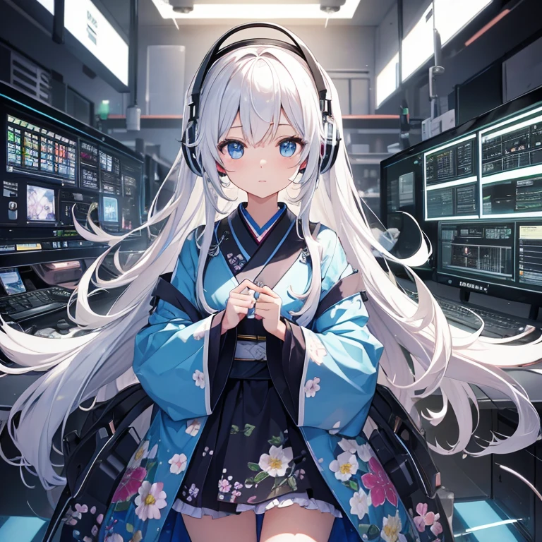  (((computer、electronic circuitry))),electrons fly around, cinematic light、((fresh flowers))((kabuki women)),alone, ,whole body,kimono、(machine-made),Expressionless,(headphones),fantasy、cute face、black and white、Bewitching、ultra high resolution、８K、masterpiece、