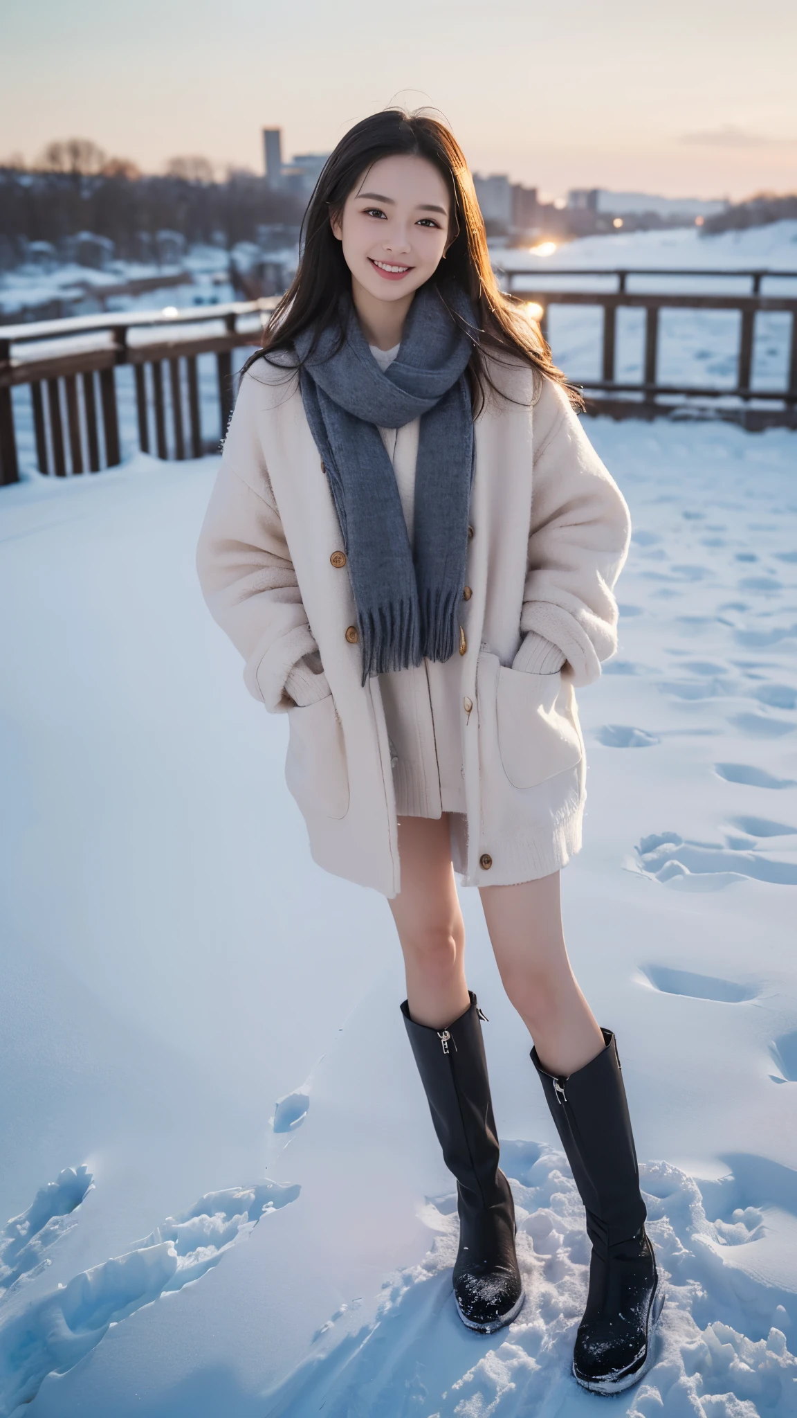 ((top quality, 8 thousand, masterpiece:1.3)), (Concentrate upon:1.2), (perfect body beauty:1.4), ((delicate hair)), Highly detailed face and skin textures, Fair eyes, double eyelid, shiny skin, smile, wear a necklace, Glossy face, small face, 20 years, beautiful smile, (raw photo:1.2)、(photorealistic:1.4)、(masterpiece:1.3)、(top quality:1.4)、dreamlike、(detailed eyes)、(Detailed facial features)、(detailed clothing features)、clean skin、(glowing skin)、(slim and beautiful girl)、(Beautiful bridge lines)、a woman、(full body shot)、solo、cute、Happy smiling face, forehead、black hair、black eye、Long scarf, pink wool sweater、mini skirt、stockings、Snow boots、Snow scenery, view from above, (Put your hands in your pockets:1.3),