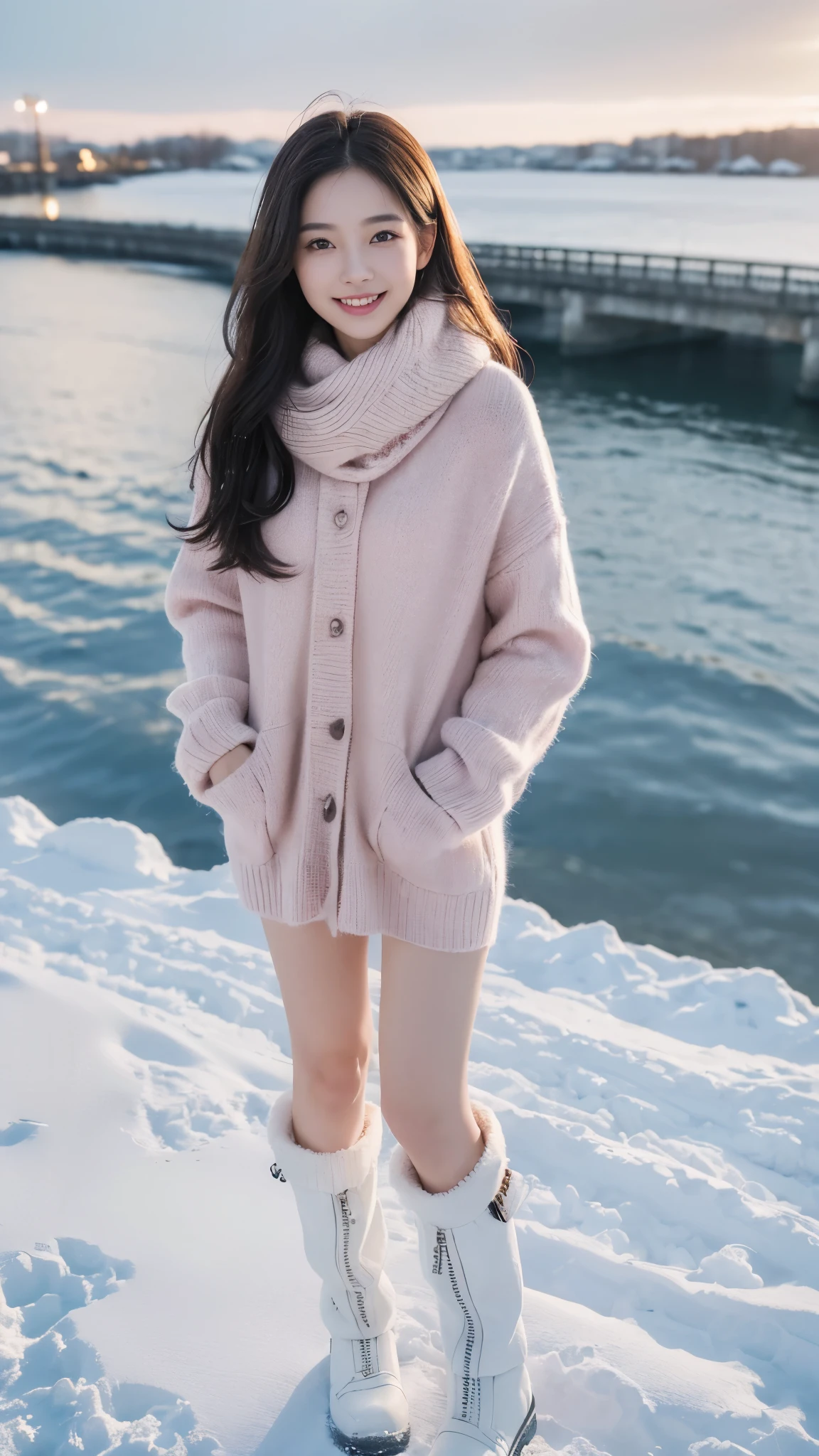 ((top quality, 8 thousand, masterpiece:1.3)), (Concentrate upon:1.2), (perfect body beauty:1.4), ((delicate hair)), Highly detailed face and skin textures, Fair eyes, double eyelid, shiny skin, smile, wear a necklace, Glossy face, small face, 20 years, beautiful smile, (raw photo:1.2)、(photorealistic:1.4)、(masterpiece:1.3)、(top quality:1.4)、dreamlike、(detailed eyes)、(Detailed facial features)、(detailed clothing features)、clean skin、(glowing skin)、(slim and beautiful girl)、(Beautiful bridge lines)、a woman、(full body shot)、solo、cute、Happy smiling face, forehead、black hair、black eye、Long scarf, pink wool sweater、mini skirt、stockings、Snow boots、Snow scenery, view from above, (Put your hands in your pockets:1.3),