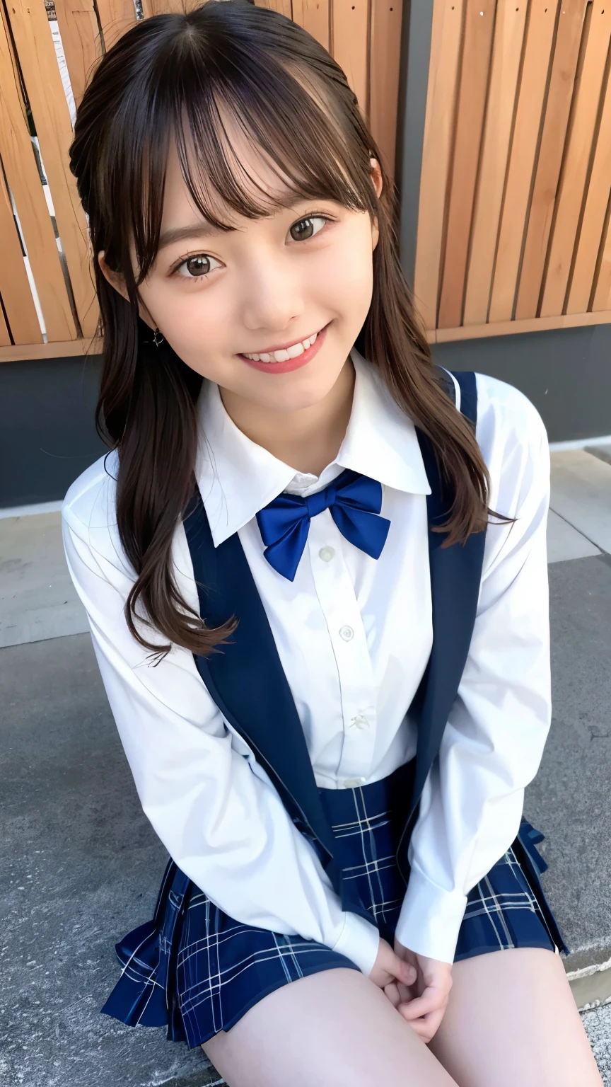 Looking down at one schoolgirl in her school uniform, smile,