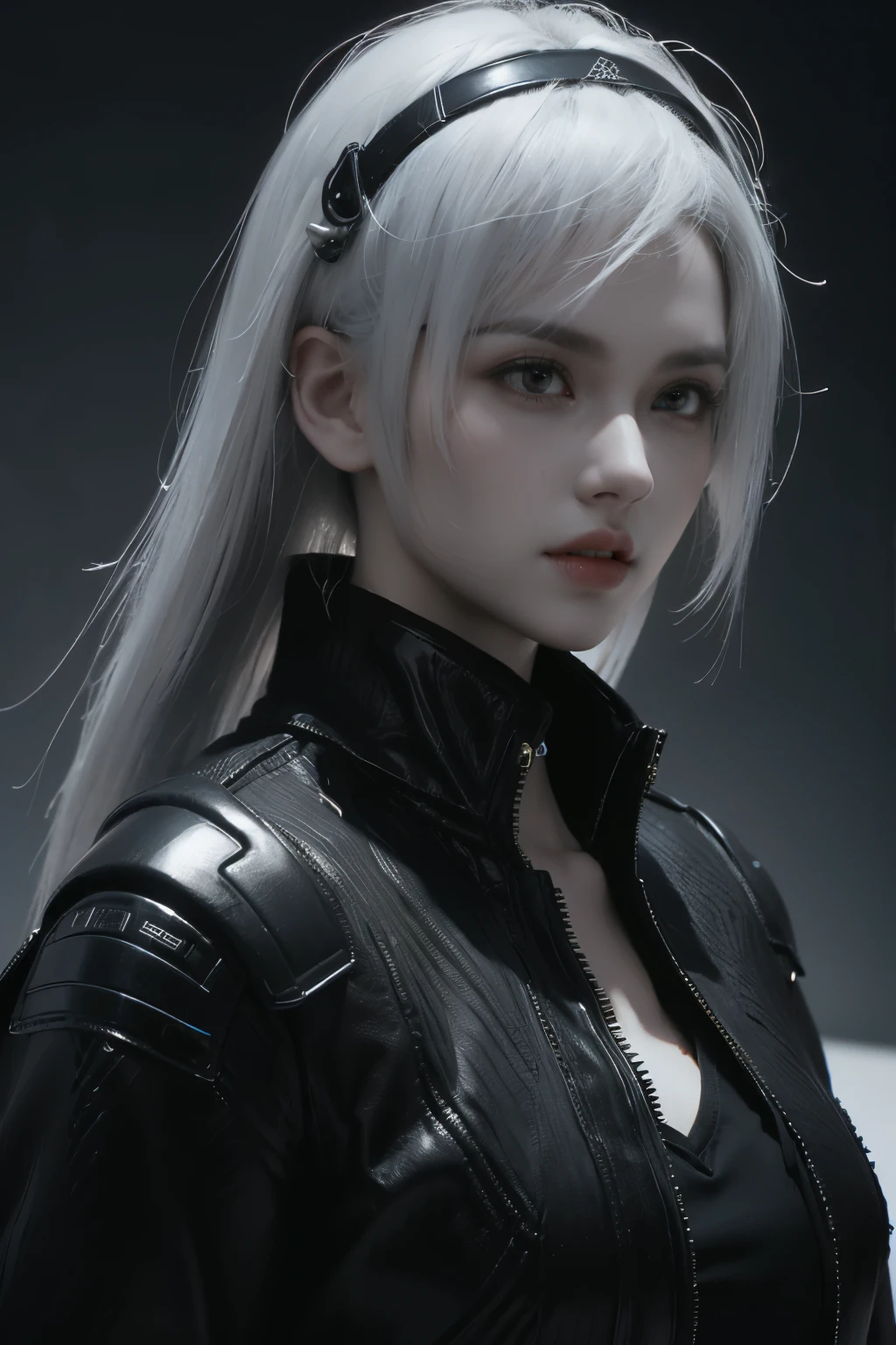 Game art,The best picture quality,Highest resolution,8K,((A bust photograph)),((Portrait)),((Head close-up)),(Rule of thirds),Unreal Engine 5 rendering works, (The Girl of the Future),(Female Warrior), 22岁少女,(Female hackers),(White hair,Ancient Oriental hairstyle),((The pupils of the red eyes:1.3)),(A beautiful eye full of detail),(Big breasts),(Eye shadow),优雅迷人,冷漠,((Anger)),(Cyberpunk jacket full of futuristic look,Joint Armor,There are exquisite Chinese patterns on the clothes,A flash of jewellery),赛博朋克人物,未来风格, 拍照姿势,城市背景,Movie lights,Ray tracing,Game CG,((3D Unreal Engine)),oc渲染反射纹