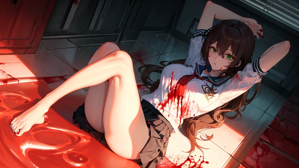 (Lying on the ground:1.2), Lisa, genshin impact, 1 girl, alone, ((school uniform)), barefoot, huge breasts, cleavage, uniform, ((Killed)), (cinematic lighting), (Put your arms on the ground), ((Sea of Blood)), ((bloody ground)), dutch angle, ((Bloody Body)), ((blood on their clothes)), ((Expressionless)), (((horror))), office background, black skirt, pleated skirt, office, hair between eyes, messy hair, large chest, long hair, looking at the viewer, brown hair, red short nails, green eyes, alone, ((thin legs, thick thighs, long legs)), very long hair, ((masterpiece)), classroom, board, class board, Slender, Beautiful woman