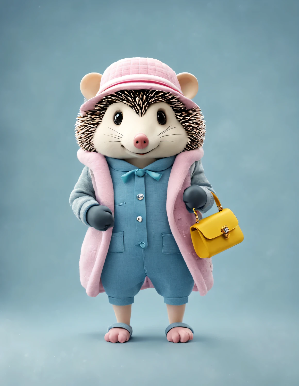 3D style doll design, (a very fat, fashionable, and cute little hedgehog),
Wearing a pink turtleneck sweater and a blue coat, winter scarf, jeans, gloves, bow tie, small round hat (decorated with flowers or feathers), (female) handbag, cotton, linen, wool
Characterized by exquisite details and layering, it blends the soft tones of a light blue coat and a gray white woven sweater, as well as the sharp contrast between black and white checkered pants, creating an elegant and modern urban style,
Excited and happy smile, wearing a yellow sun hat, jumping and dancing, smiling, shining with white fluffiness, bright big eyes, fluffy tail, exquisite and delicate, fairy tale, super details, Pixar style, bright colors, natural light, solid color simple background, 5 and ctane rendering, very popular on the art station, gorgeous, ultra wide angle, 8k, high-definition and realistic