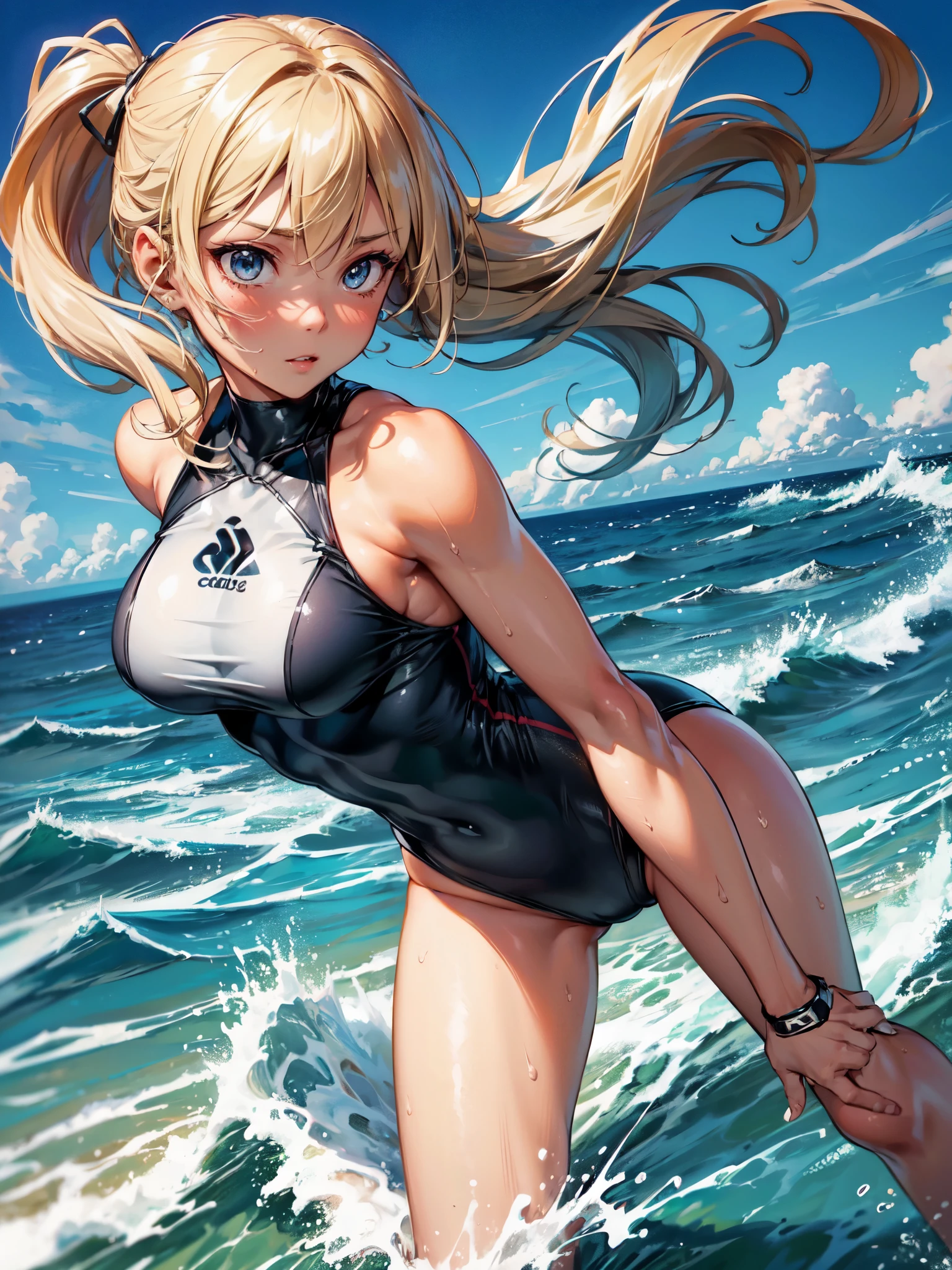 high quality,hd,16k,sharp line,1girl,female surfing athlete ,cute face, large breasts, nice legs, sweat,in surfing venue,focus girl,detailed beautiful face,detailed clothes,beautiful eyes,pretty,dynamic angle