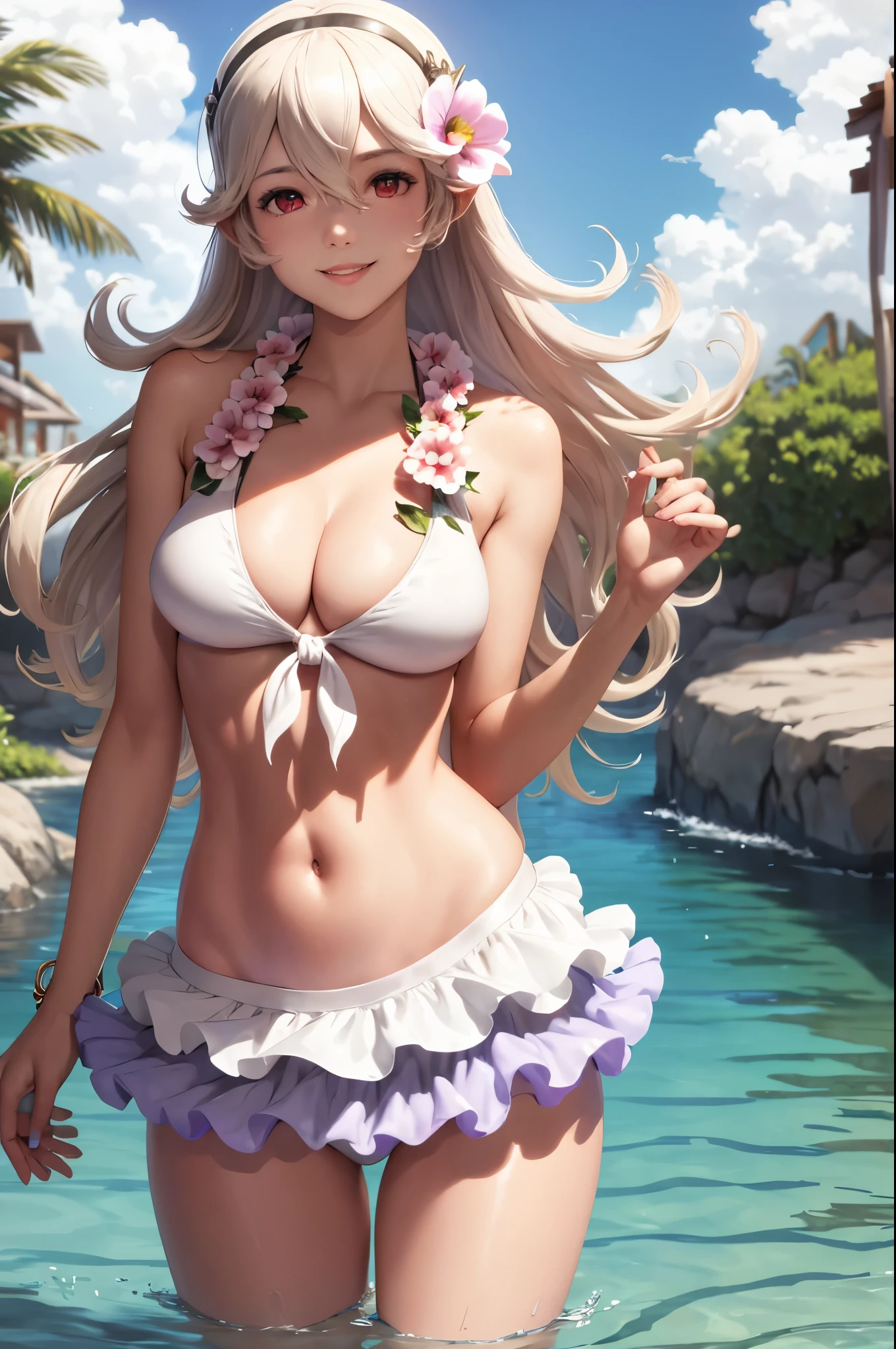 masterpiece, best quality, sumCorrin, front tie white bikini, frilly bikini bottoms, flower necklace, looking at viewer, smile, standing, standing in water