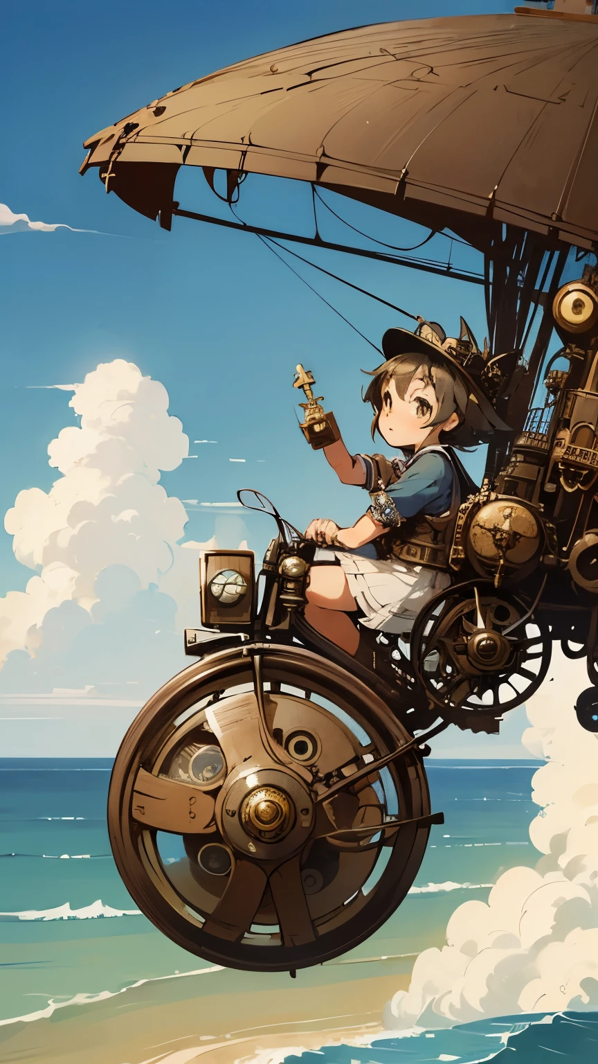 steampunkai。masterpiece。highest quality。excessive details。blue sky and white clouds。(aerial view)。An island floating in the sea below々。aerial perspective。(one girl)。(Japan girl in steampunk style)。(Take to the skies on a classic-style bicycle)。