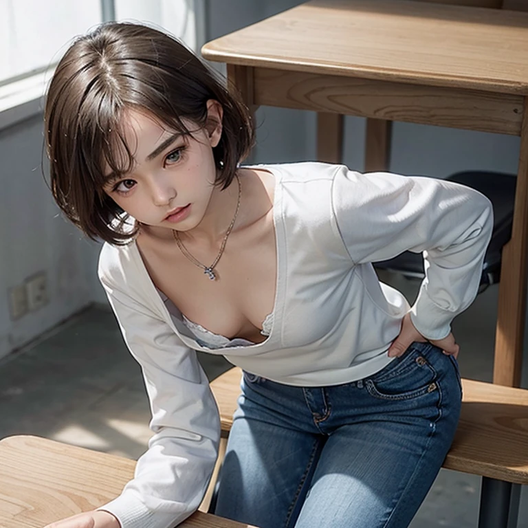 1 girl, downblouse, 15 years old, munechira,((( small breasts))), looking away, leaning forward,bending over, , birds-eye view shot , Upper body, necklace ,in classroom ,long sleeves shirt,decolated detailed bra within,jeans,short hair