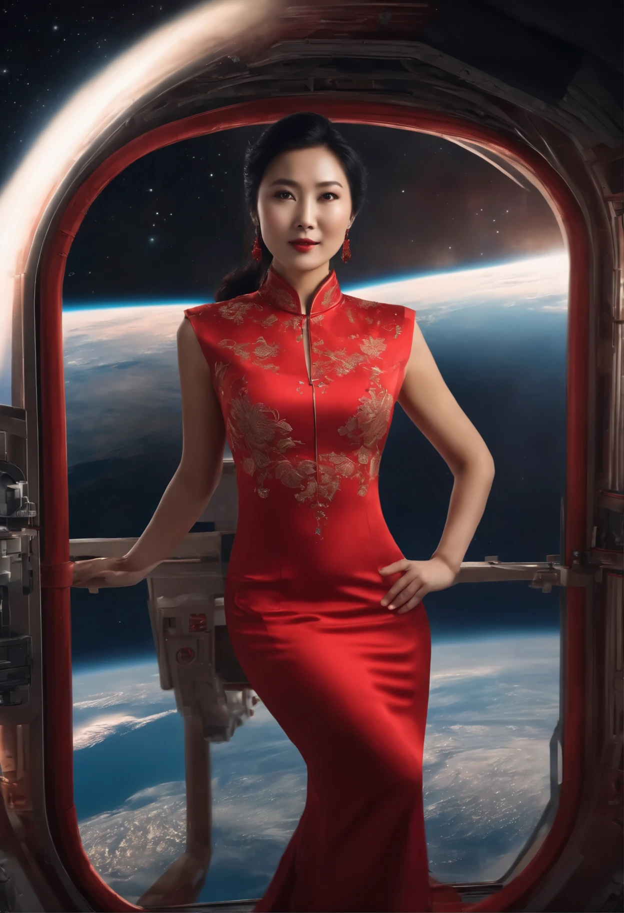 An awe-inspiring digital rendering capturing the sheer beauty of an Asian lady donned in a red cheongsam, suspended motionlessly inside the International Space Station amidst a dreamlike zero-gravity setting, showcasing Earth's majesty seen from space, accompanied by dazzling stars in the background.