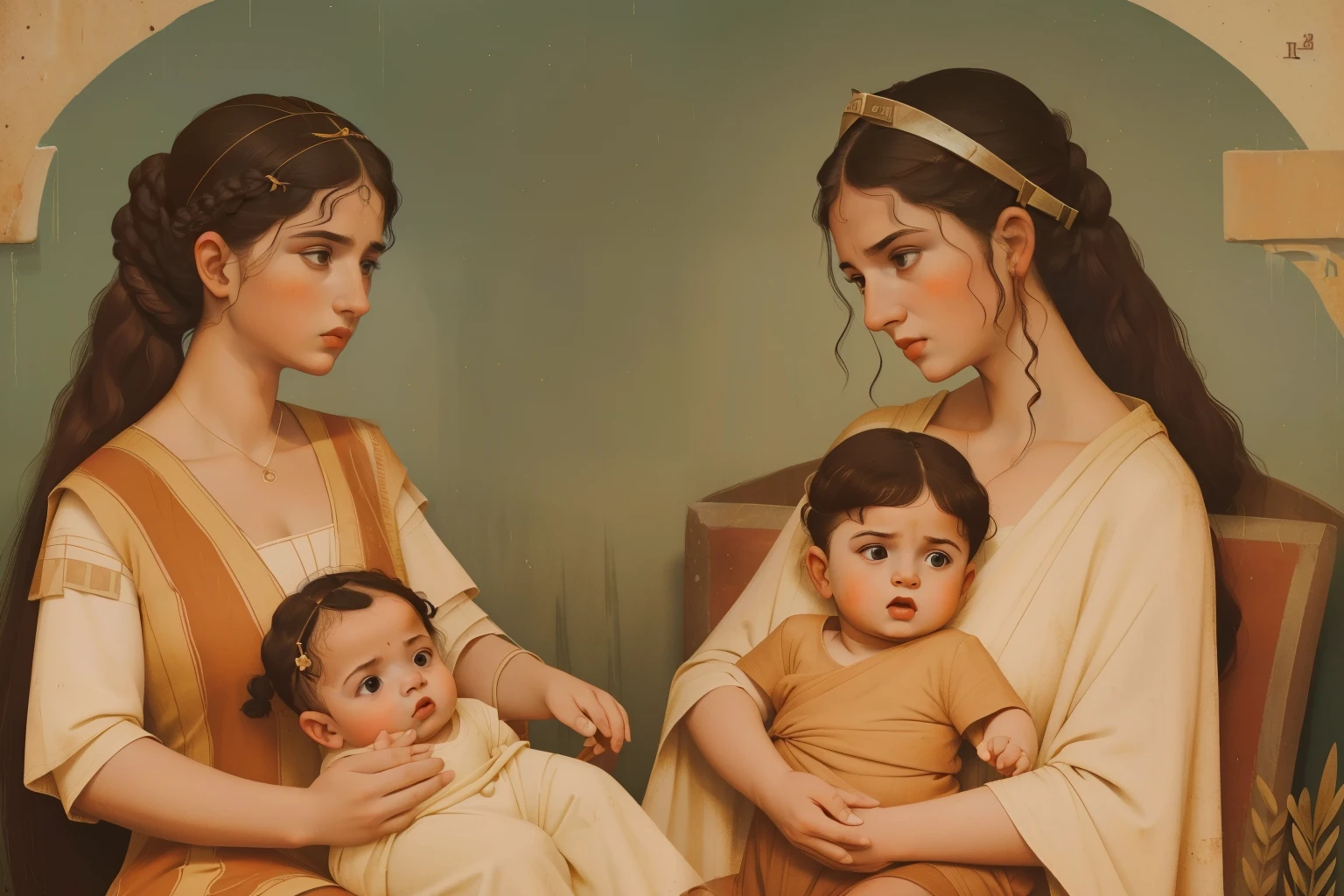 Rome, 99 BC. A ((((25-year-old)) Aurelia Cotta)), holding her baby boy, ((worried expression)). ((((casual roman clothings from the 1st century BC)))) ((ancient rome hairstyle))