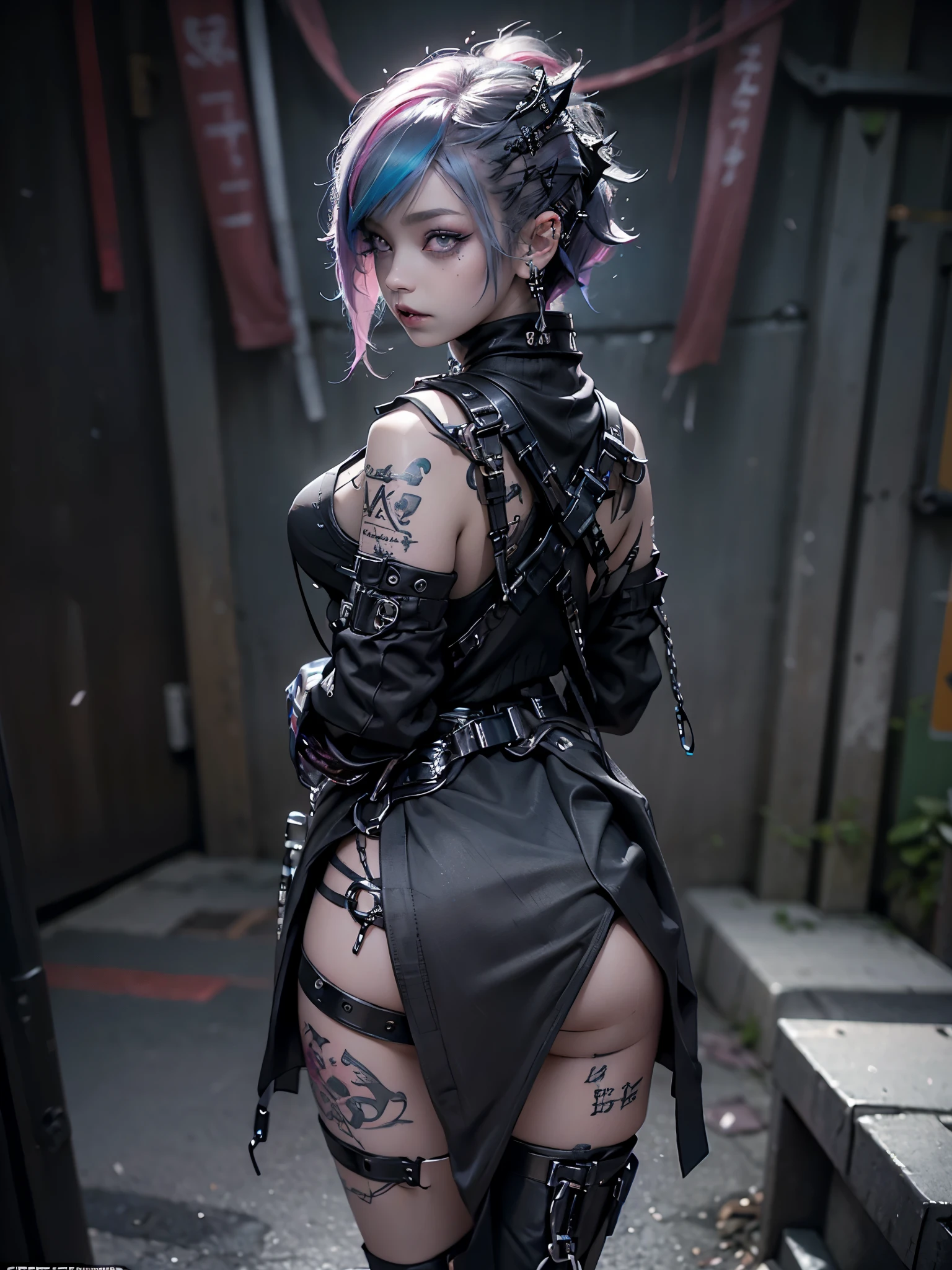 PERFECT MASTERPIECE, EXTREMELY DETAILED CG UNITY 32K UHD QUALITY RESOLUTION WALLPAPER, PHOTOREALISTIC, RAW PHOTO, PERFECT PHOTOGENIC CLARITY, OFFICIAL ART, AWARD-WINNING PORTRAIT, ULTRA HYPER-REALISTIC, ULTRA HYPER-DETAILED, SHINY REALISTIC SKIN, RAY TRACING, GLOWING AMBIENT LIGHT, The most beautiful and sexy gothic punk girl, (very short rainbow colored hair in a shaved mohawk gothic hairstyle:1.3) vibrant moonlight eyes, long detailed eyelashes, blushing, full pouting pink lips, (detailed gothic makeup:1.3) (super huge enormously gigantic nude tits and nipples exposed, nude hairy pussy exposed:1.3) (wearing highly detailed Harajuku-inspired gothic punk hoodie and school girl skirt with lots of straps zippers buckles and chains:1.3) tons of tattoos and piercings, looking back at the viewer, sitting arching her back in a sexy seductive slutty pose, close up pov camera view from below, cherry blossoms blowing in the wind, gothic cyber punk City background