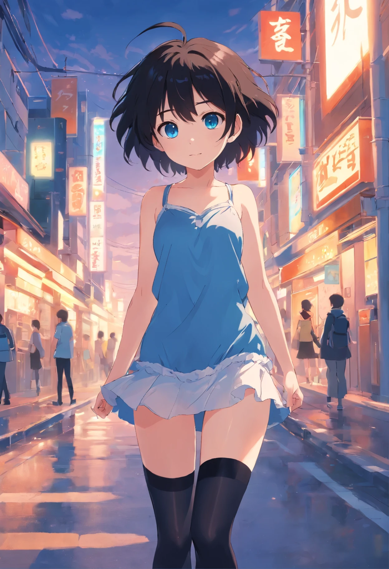 Black messy hair,blue eyes,sling,(stockings),A cute ,barefoot,belly down,look up your head,,shift dress,white underwear,big eyes,cute faces in anime,read a book,