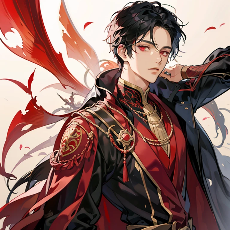 Dark-skinned anime guy with short black hair,red eyes, middle eastern arabic costume, beautiful black haired person,cool look, 背が高い red eyes,upper body up