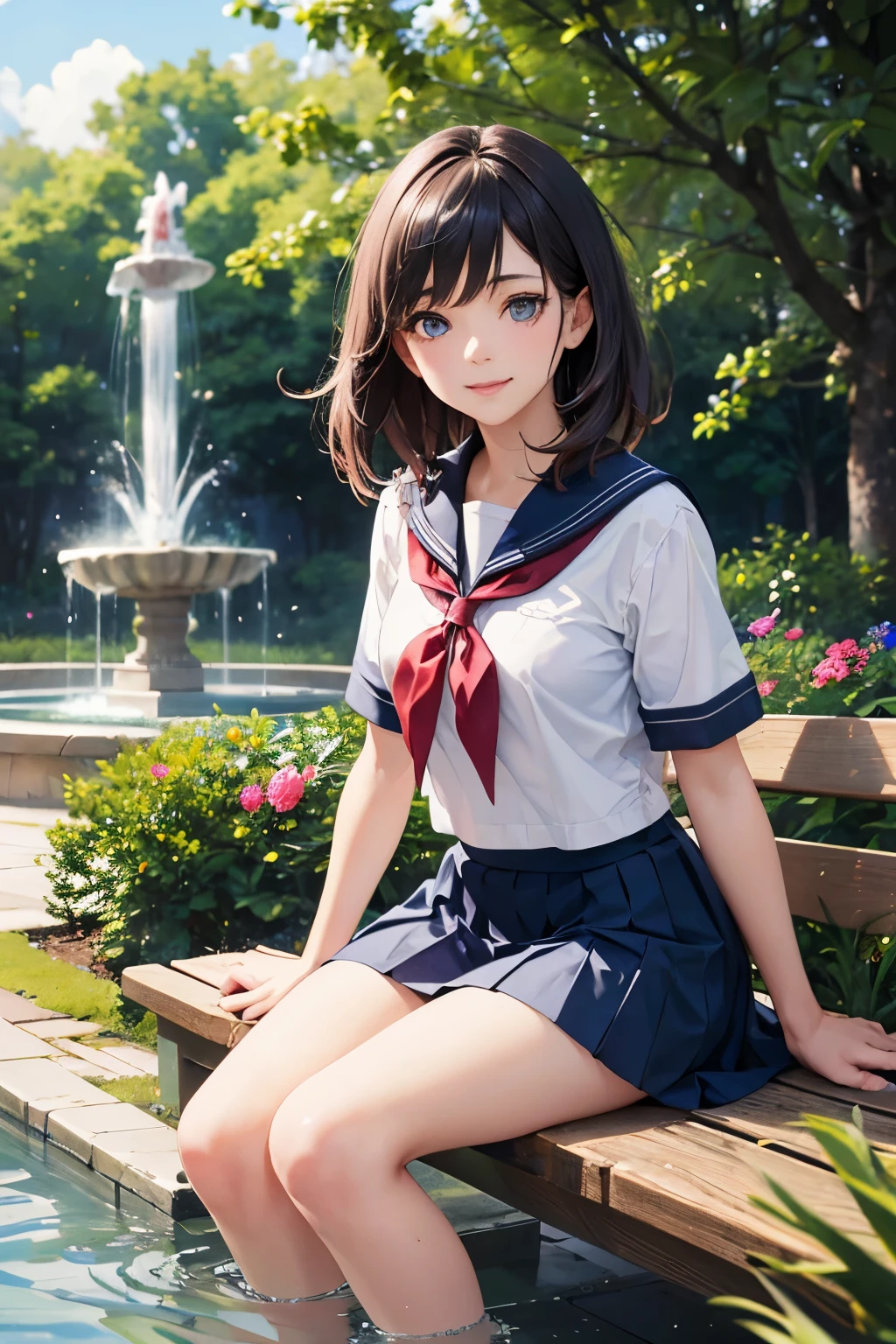 very cute and beautiful girl,(very detailed美しい顔),
(smile),serafuku,navy blue pleated mini skirt,
sitting,spread your legs,white panties,looking at the viewer,black hair,
school courtyard bench,
(highest quality,masterpiece:1.2),disorganized,High resolution,super detailed,very detailed,32K,8K resolution,
intricate details,movie-like scene,detailed background,alone,dynamic angle,
hair blowing in the wind,beautiful and detailed sky,high contrast,high color saturation,