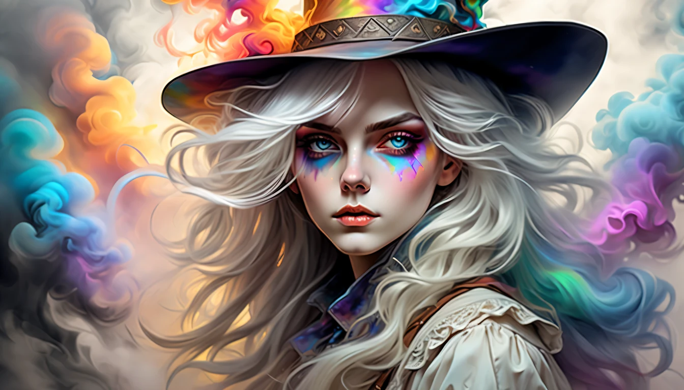 cowboy shot, softly colored, nihilism, dandyism, hard-boiled, hard-boiled mystery, beauty girl head, white long messy hair with below, sharp triangular face, cold long eyes, cool side glance, baroque dressed and pop fantasy hat, fantasy smoke mist, rainbow, outer space, color pencil draw that exudes warm atmosphere, marble colors smoke drifts around, highly quality, intricate cute details, showcases brushwork pays meticulous attention to capturing warm atmosphere, final touch added with pop of fantasy, unique and diverse rendering, backdrop of colorful warm palette,