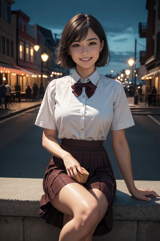 (8k, RAW photo, best quality, masterpiece: 1.2), (realistic, photo-realistic: 1.37), ultra-detailed, 1 girl, cute, solo, beautiful detailed sky, detailed coffee, night, sitting, (flushed nose), (smile: 1.1), (mouth closed), medium breasts, beautiful detailed eyes, (collared shirt: 1.1), bow tie, pleated skirt, (short hair: 1.2), long hair, taking big ice cream,