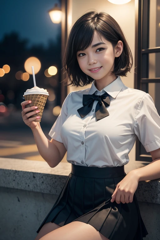(8k, RAW photo, best quality, masterpiece: 1.2), (realistic, photo-realistic: 1.37), ultra-detailed, 1 girl, cute, solo, beautiful detailed sky, detailed coffee, night, sitting, (flushed nose), (smile: 1.1), (mouth closed), medium breasts, beautiful detailed eyes, (collared shirt: 1.1), bow tie, pleated skirt, (short hair: 1.2), long hair, taking big ice cream,
