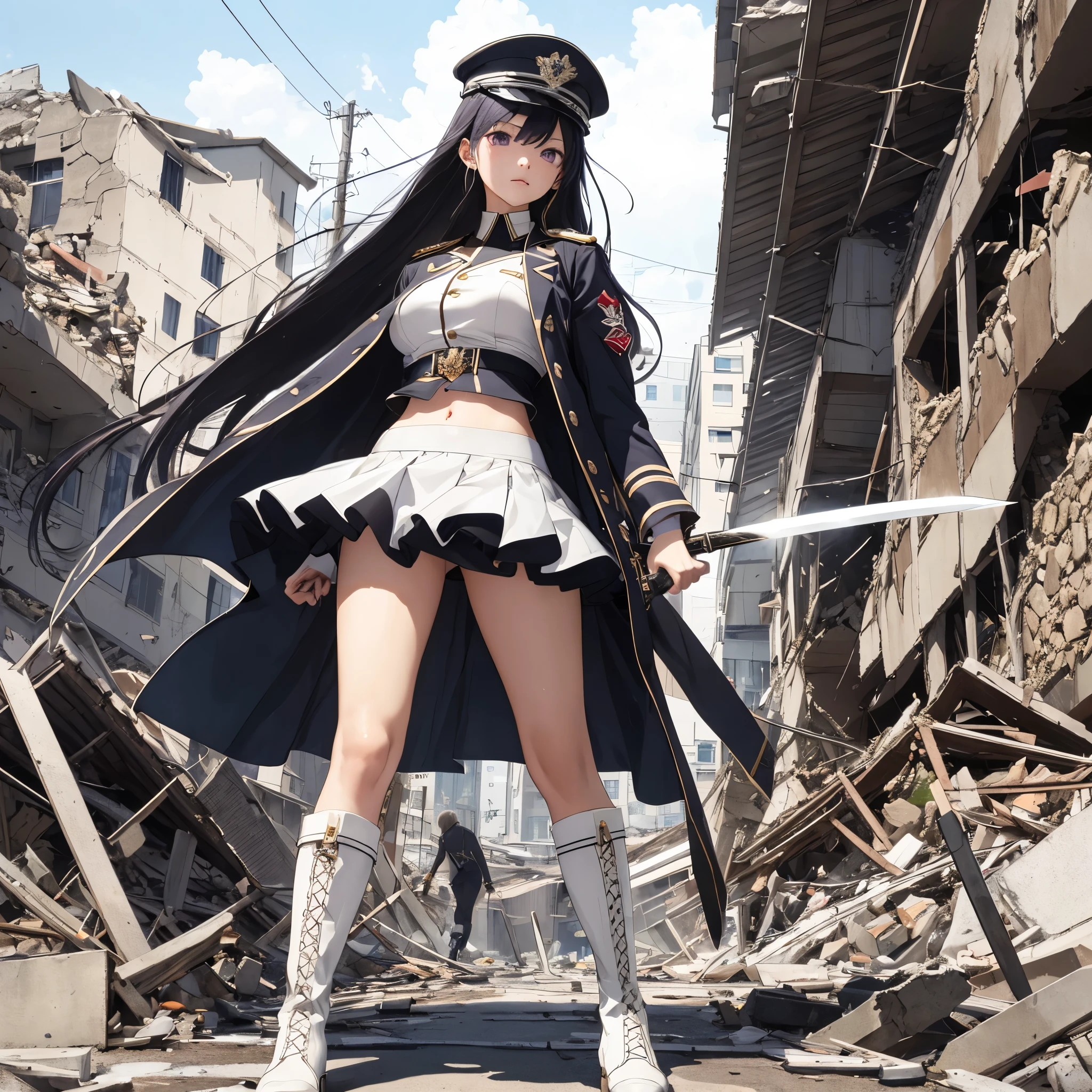 secondary elements、White combat uniform、ager、with a girl、Navel exposed、short skirt、(super detailed, High resolution:1.2),(very detailed:1.3),1 girl,medium breasts,towards the audience,silver hair,purple eyes,whole body,Military uniform,uniform,have,white skirt,burn,Togare,Are standing,(Togare),右手に持ったsword,rubble,Collapsed buildings,burn,Remains,(carcass:1.1),長いsword,sword,fierce fire, superior,white long boots、thighs thighs thighs、shiny skin、片手にsword、belly button、Are standing、Viewer-facing
