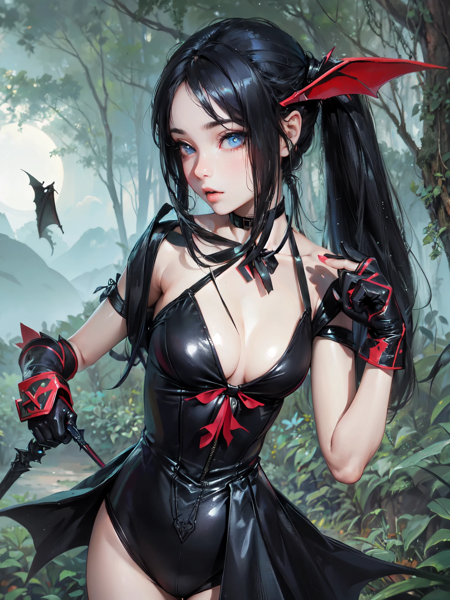 high quality,hd,16k,sharp line,1girl,fantasy,bat girl ,cute face, large breasts, nice legs,in forest,focus girl,detailed beautiful face,detailed clothes,beautiful eyes,pretty,dynamic angle