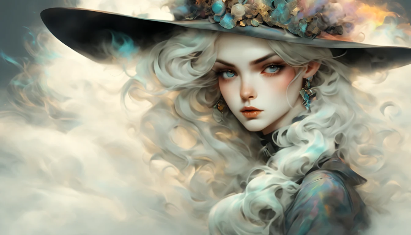 cowboy shot, softly colored, nihilism, dandyism, hard-boiled, hard-boiled mystery, beauty girl head, white long messy hair with below, sharp triangular face, cold long eyes, cool side glance, baroque dressed and pop fantasy hat, fantasy smoke mist, rainbow, outer space, color pencil draw that exudes warm atmosphere, marble colors smoke drifts around, highly quality, intricate cute details, showcases brushwork pays meticulous attention to capturing warm atmosphere, final touch added with pop of fantasy glitter, unique and diverse rendering, backdrop of colorful warm palette smoke,
