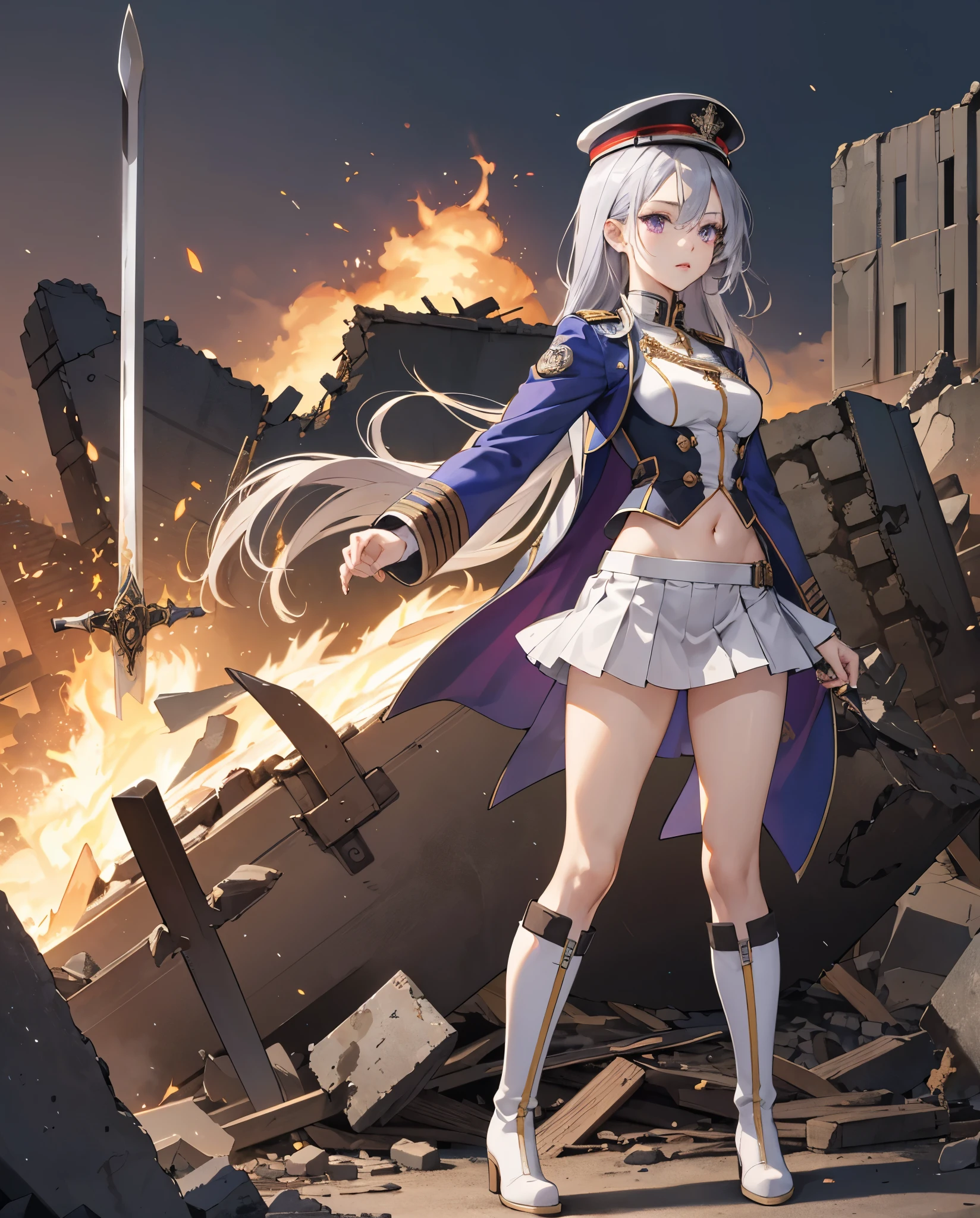 secondary elements、White combat uniform、teenager、with a girl、Navel exposed、short skirt、(super detailed, High resolution:1.2),(very detailed:1.3),1 girl,medium breasts,towards the audience,silver hair,purple eyes,whole body,Military uniform,uniform,have,white skirt,burn,Togare,Are standing,(Togare),右手に持ったsword,rubble,Collapsed buildings,burn,Remains,(carcass:1.1),長いsword,sword,fierce fire, superior,white long boots、thighs thighs thighs、shiny skin