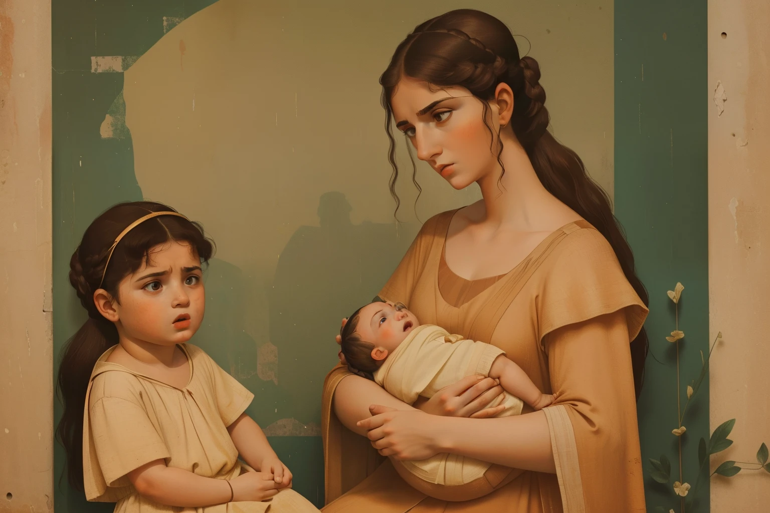 Rome, 99 BC. A ((((25-year-old)) Aurelia Cotta)), holding her  boy, ((worried expression)). ((((casual roman clothings from the 1st century BC)))) ((ancient rome hairstyle))