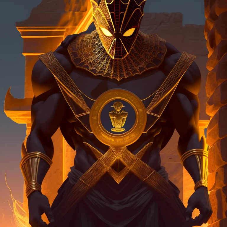 Spider-Man, Egyptian God, Solitary figure, Ancient Temple Backdrop, Mythological Scene, Nighttime, Red and Blue Suit, Chiseled physique, Superhero Pose, (Golden Amulet: 1.2), Godly Aura, (Mummified Hands: 1.1), (Ancient Scrolls: 1.4), Hieroglyphic Inscriptions, Magic Scepter, Serene Expression, golden crown, (Mysterious: 1.5), (Shadows and Highlights: 1.6), Desaturated Colors, (Sand Dunes: 1.0), Digital Art, (Realistic