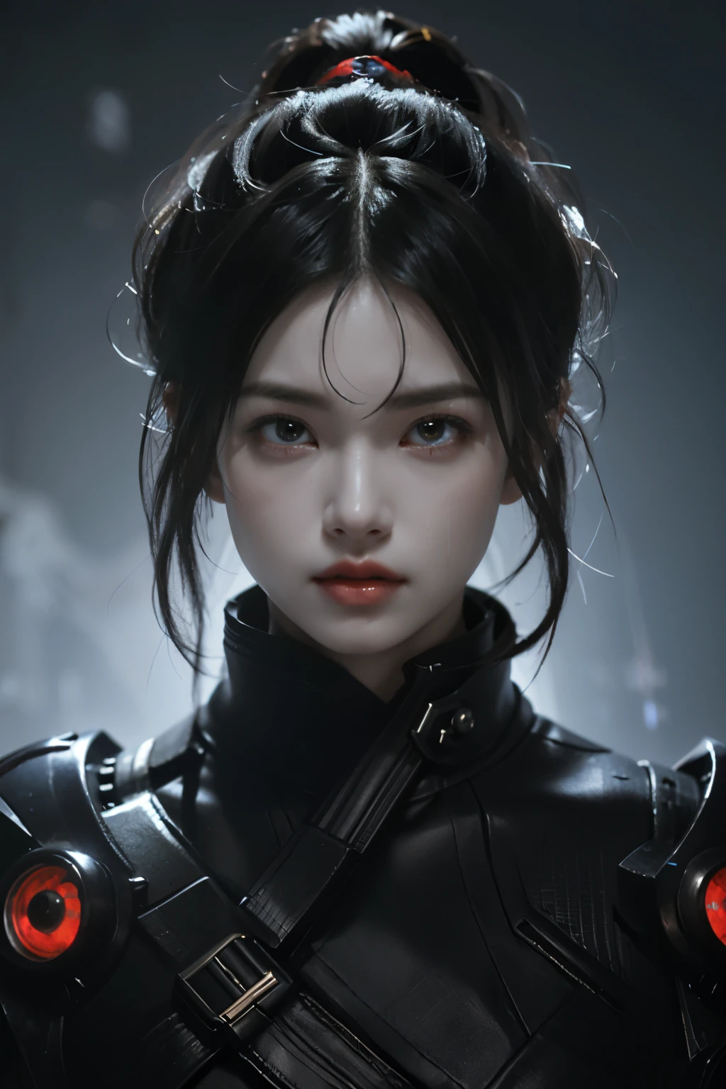 Game art，The best picture quality，Highest resolution，8K，((A bust photograph))，((Portrait))，((Head close-up))，(Rule of thirds)，Unreal Engine 5 rendering works， (The Girl of the Future)，(Female Warrior)， 22岁少女，(Female hackers)，(Rainbow hair，Ancient Oriental hairstyle)，((The pupils of the red eyes:1.3))，(A beautiful eye full of detail)，(Big breasts)，(Eye shadow)，优雅迷人，冷漠，((Anger))，(Cyberpunk jacket full of futuristic look，Joint Armor，There are exquisite Chinese patterns on the clothes，A flash of jewellery)，赛博朋克人物，未来风格， 拍照姿势，城市背景，Movie lights，Ray tracing，Game CG，((3D Unreal Engine))，oc渲染反射纹