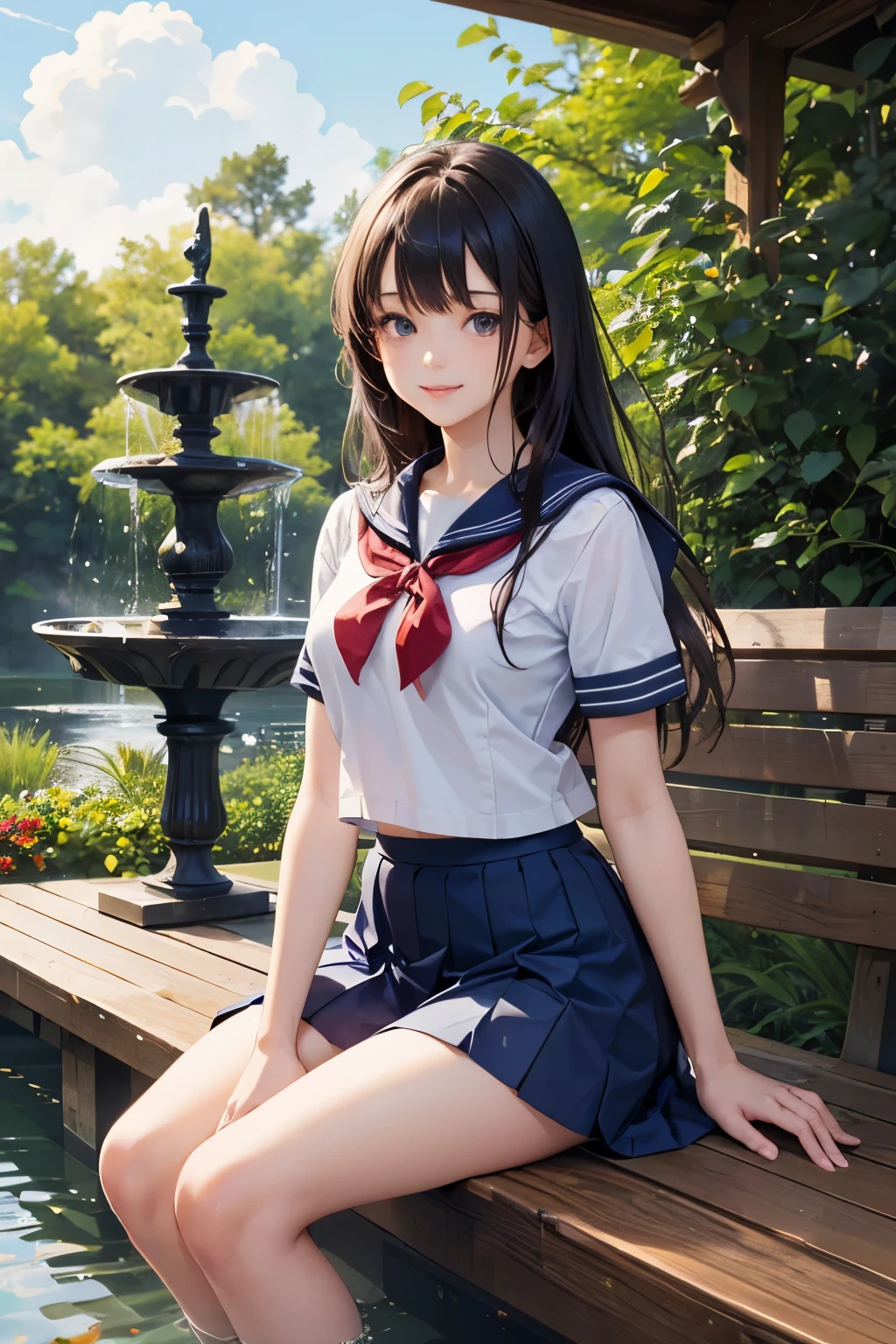 very cute and beautiful school girl,teen,(highly detailed beautiful face and eyes:1.2),
smile,looking at viewer,black hair,(sailor school uniform),(pleated navy blue mini skirt),
sitting on wooden bench in elegant gazebo,flower garden,water fountain,forest,dynamic angle,
(best quality,masterpiece:1.2),intricate details,extremely detailed,
8k resolution,ultra-detailed,solo,hair fluttering in the wind,beautiful detailed sky,(realistic),