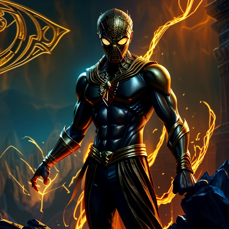 Spider-Man, Egyptian God, Solitary figure, Ancient Temple Backdrop, Mythological Scene, Nighttime, Red and Blue Suit, Chiseled physique, Superhero Pose, (Golden Amulet: 1.2), Godly Aura, (Mummified Hands: 1.1), (Ancient Scrolls: 1.4), Hieroglyphic Inscriptions, Magic Scepter, Serene Expression, golden crown, (Mysterious: 1.5), (Shadows and Highlights: 1.6), Desaturated Colors, (Sand Dunes: 1.0), Digital Art, (Realistic