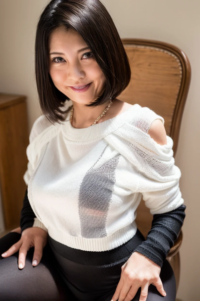 (masterpiece, highest quality), japanese mature, (alone), 60 years old, (wrinkles around the eyes:1.45), big breasts, mature woman, Glamour, Sexy, pure white skin, looking at the viewer、super big breasts、(long hair)、small diamond necklace、earrings、(((Detailed white knit off shoulder, Black leggings)))、high heels、smile、Public place、cross your legs、sit on a chair、full body photo、