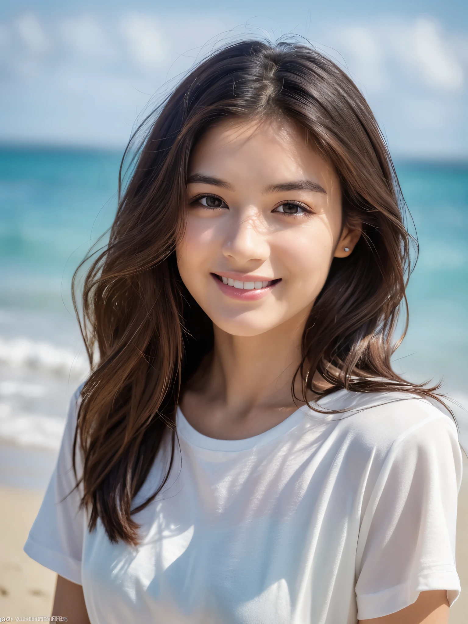 ((Extremely precise and accurate anatomy)), (masterpiece:1.43), Perfect balance, Realistic photos, shrapnel:1.22、Man in his 20s、young woman、Very realistic、High resolution photos、Wavy, Shoulder-length chestnut hair、Elegance from the shoulders down、The eyes are a striking green with gold flecks..、natureなアーチ型の眉毛、The skin is white and smooth、nature, Healthy shine、A kind smile、Straight and white teeth、A micro bikini made of soft and light fabric that fits snugly..、Sunlit beach in the evening、The sea swaying in the wind、Clear deep blue sky with white clouds、The sunlight is warm and golden、顔の特徴や衣服の質感を強調するnatureなハイライトと影、メイクは最小限でnature、Light Foundation、A faint blush、Subtle eyeliner、A little mascara々々、Soft pink lip color、Mr..々Pause、Make different facial expressions、Wavy hair、A sense of movement and vitality、(((Shallow depth of field effect)))、Image focus、The atmosphere is warm、The energy of joy、natureの美