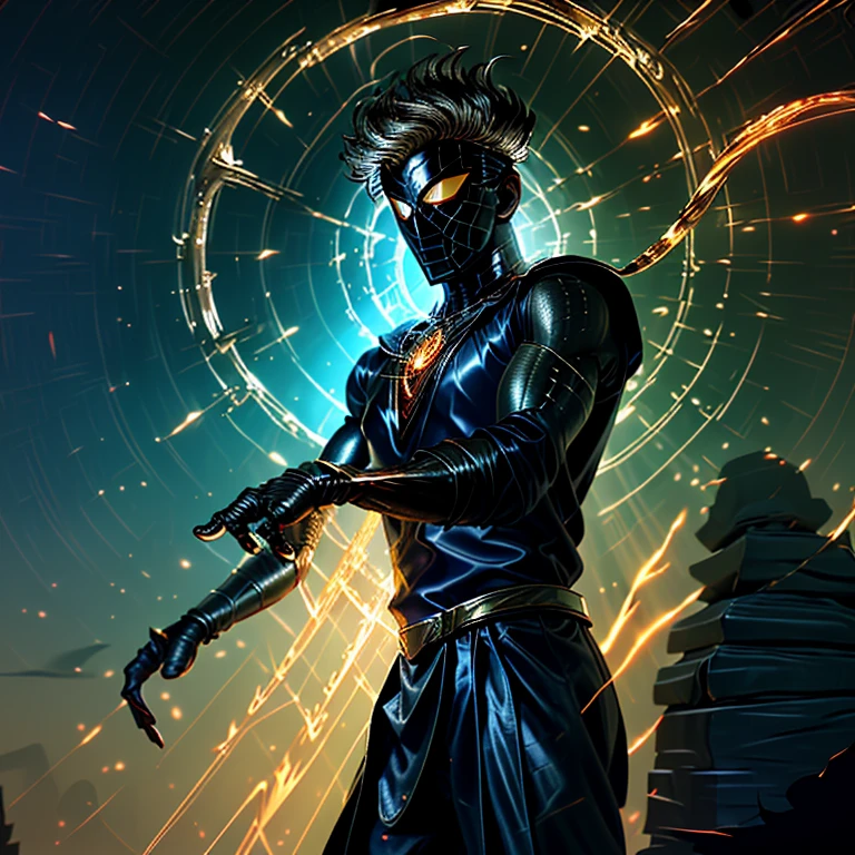 Spider-Man, Egyptian God, Solitary figure, Ancient Temple Backdrop, Mythological Scene, Nighttime, Red and Blue Suit, Chiseled physique, Superhero Pose, (Golden Amulet: 1.2), Godly Aura, (Mummified Hands: 1.1), (Ancient Scrolls: 1.4), Hieroglyphic Inscriptions, Magic Scepter, Serene Expression, golden crown, (Mysterious: 1.5), (Shadows and Highlights: 1.6), Desaturated Colors, (Sand Dunes: 1.0), Digital Art, (Realistic