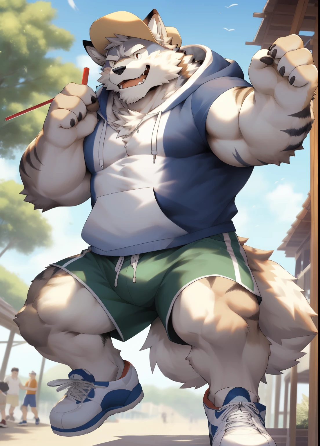 hairy,((Wolf,hoodie,shorts,Board shoes,white socks)),white fur,male,Common,full body picture((极其lifelike阴影,masterpiece,Very detailed,lifelike)), ((Cat)),dynamic poses,Tanonaka,wearing a straw hat,穿着white socks,Smile((极其lifelike背景,masterpiece,Very detailed,lifelike))detailed background