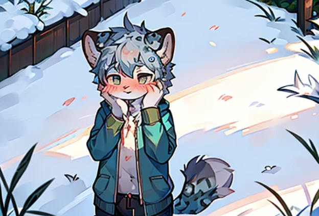 furry,fur,body fur,garden,alone,shy,blush,snow leopard,no clothes are worn