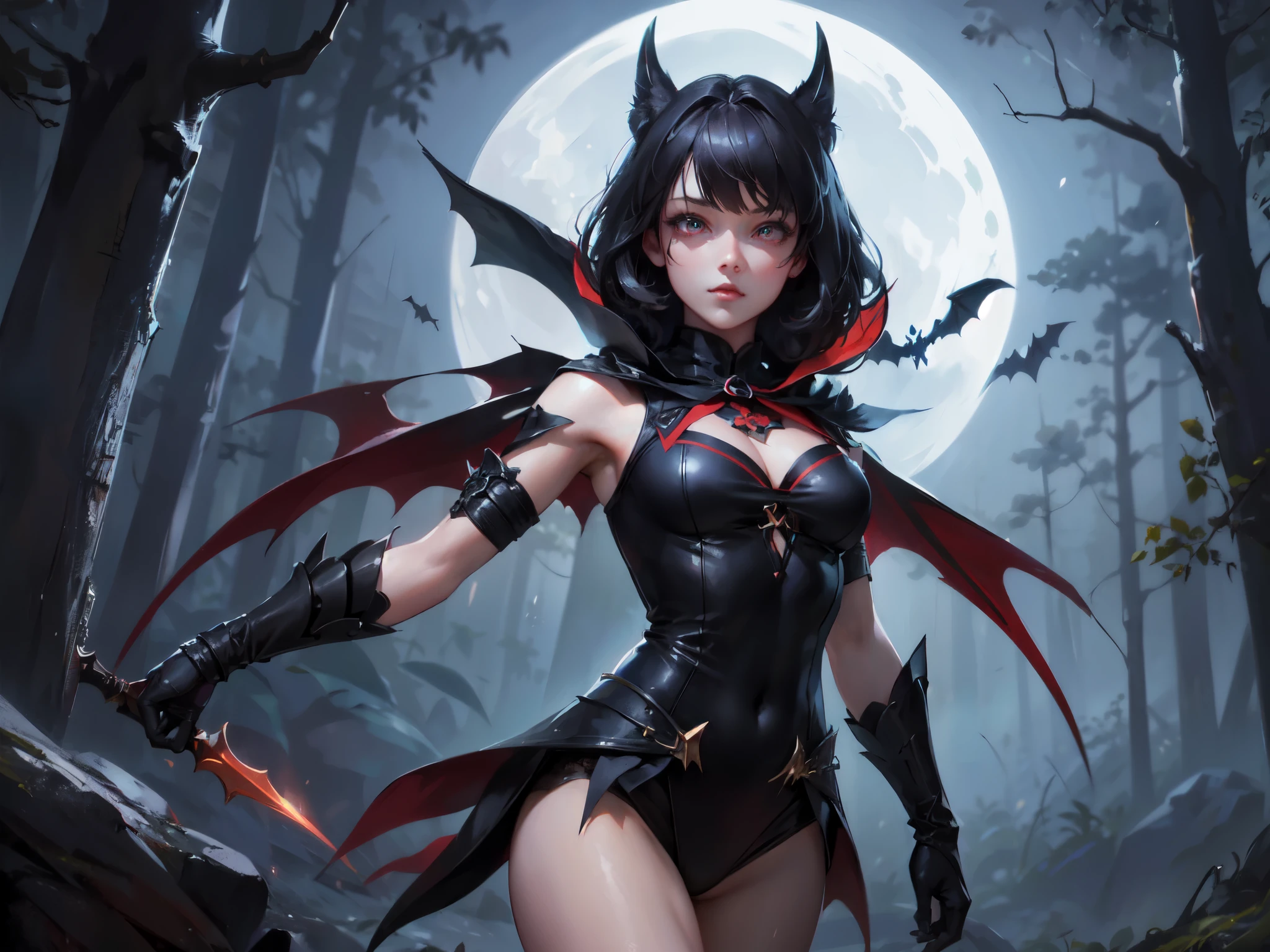 high quality,hd,16k,sharp line,1girl,fantasy,bat girl ,cute face, large breasts, nice legs,in forest,focus girl,detailed beautiful face,detailed clothes,beautiful eyes,pretty,dynamic angle