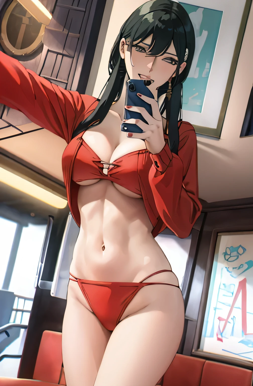 yor forger taking a selfie, erotic, sexy realistic, high resolution ,8K, masterpiece, cinematic lighting, train