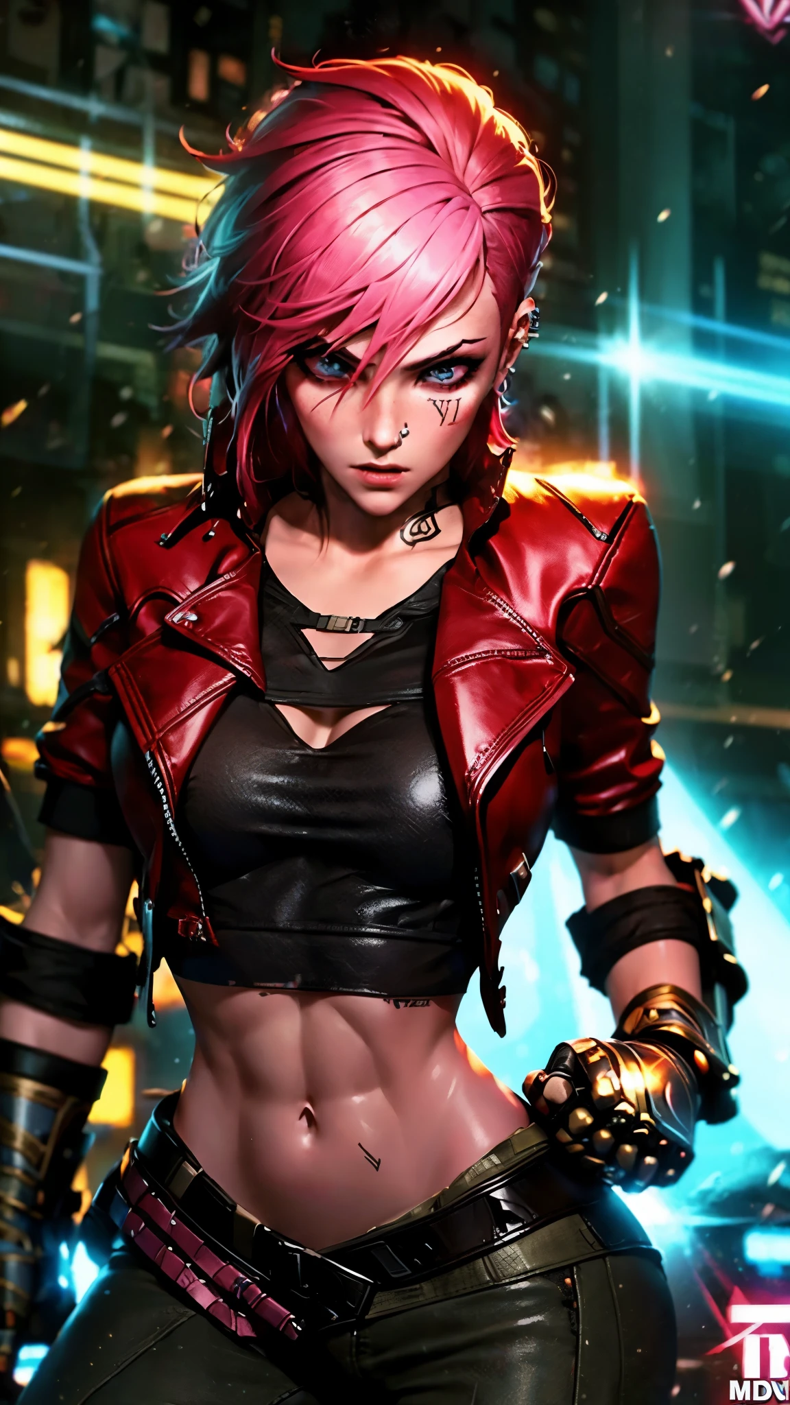 (best quality,4k,highres,masterpiece:1.2),ultra-detailed,realistic,anime,Vi from the game: League of Legends, TV series: Arcane,dark pink hair (pink hair:1.1),tattoo under the eye,red leather jacket (leather jacket:1.1),big combat robot gloves on hands (combat gloves:1.1),determined expression,gritty urban background,nighttime cityscape,dynamic action pose,neon lights,heavy metal soundtrack