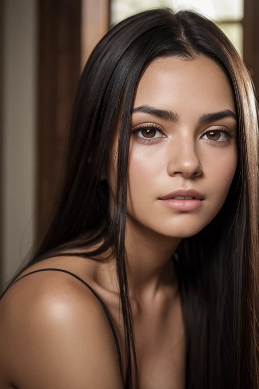 Close-up of a beautiful young Latina brunette with long black hair, ovales Gesicht und dunkelbraune Augen, naked, liegend und mastubierend auf dem batt, beautifully lit, dramatische Komposition, epic proportions, Feeling of awe, Ultra high resolution.fotorealistisch:.1.4, (hochdetaillierte Haut:1.2), 8K UHD, DSLR, Good quality, Filmkorn, Fujifilm XT