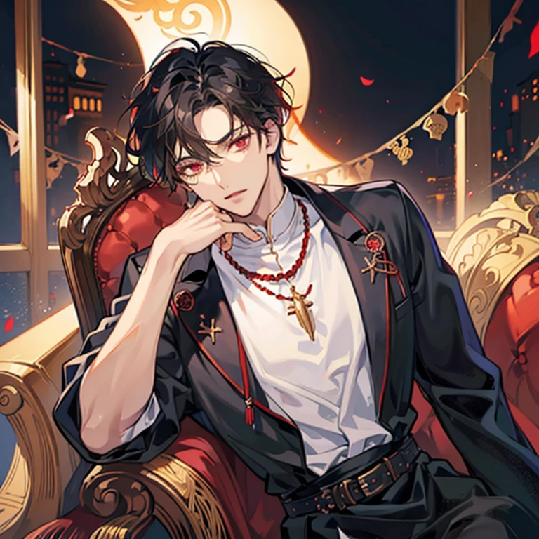 brown skin,Anime man with dark hair and dark skin sitting on a chair,red eyes, middle eastern arabic costume, beautiful black haired person,cool look, 背が高い red eyes,upper body up