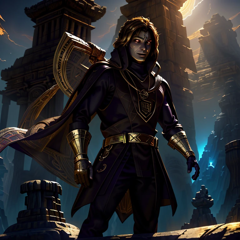 Spider-Man, Egyptian God, Solitary figure, Ancient Temple Backdrop, Mythological Scene, Nighttime, Red and Blue Suit, Chiseled physique, Superhero Pose, (Golden Amulet: 1.2), Godly Aura, (Mummified Hands: 1.1), (Ancient Scrolls: 1.4), Hieroglyphic Inscriptions, Magic Scepter, Serene Expression, golden crown, (Mysterious: 1.5), (Shadows and Highlights: 1.6), Desaturated Colors, (Sand Dunes: 1.0), Digital Art, (Realistic