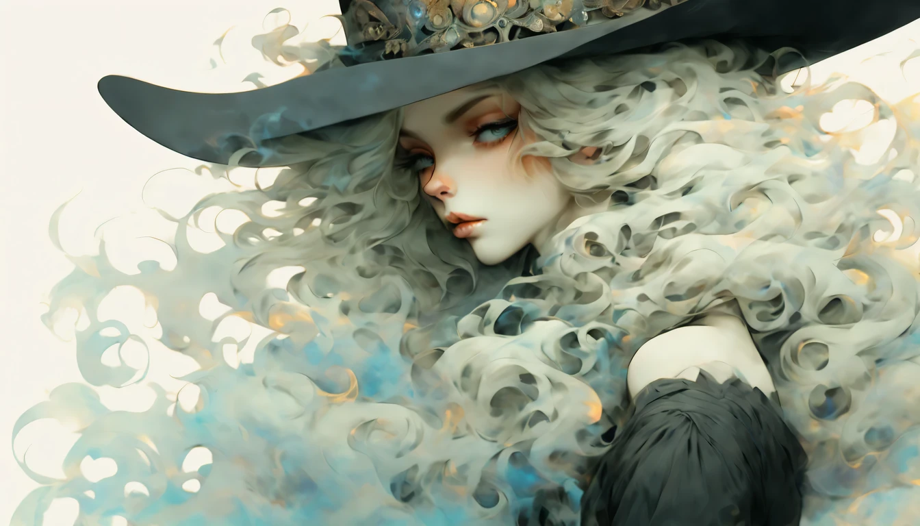 cowboy shot, softly colored, nihilism, dandyism, hard-boiled, hard-boiled mystery, beauty girl head, white long messy hair with below, sharp triangular face, cold long eyes, cool side glance, baroque dressed and pop fantasy hat, fantasy smoke mist, rainbow, outer space, color pencil draw that exudes warm atmosphere, marble colors smoke drifts around, highly quality, intricate cute details, showcases brushwork pays meticulous attention to capturing warm atmosphere, final touch added with pop of fantasy glitter, unique and diverse rendering,