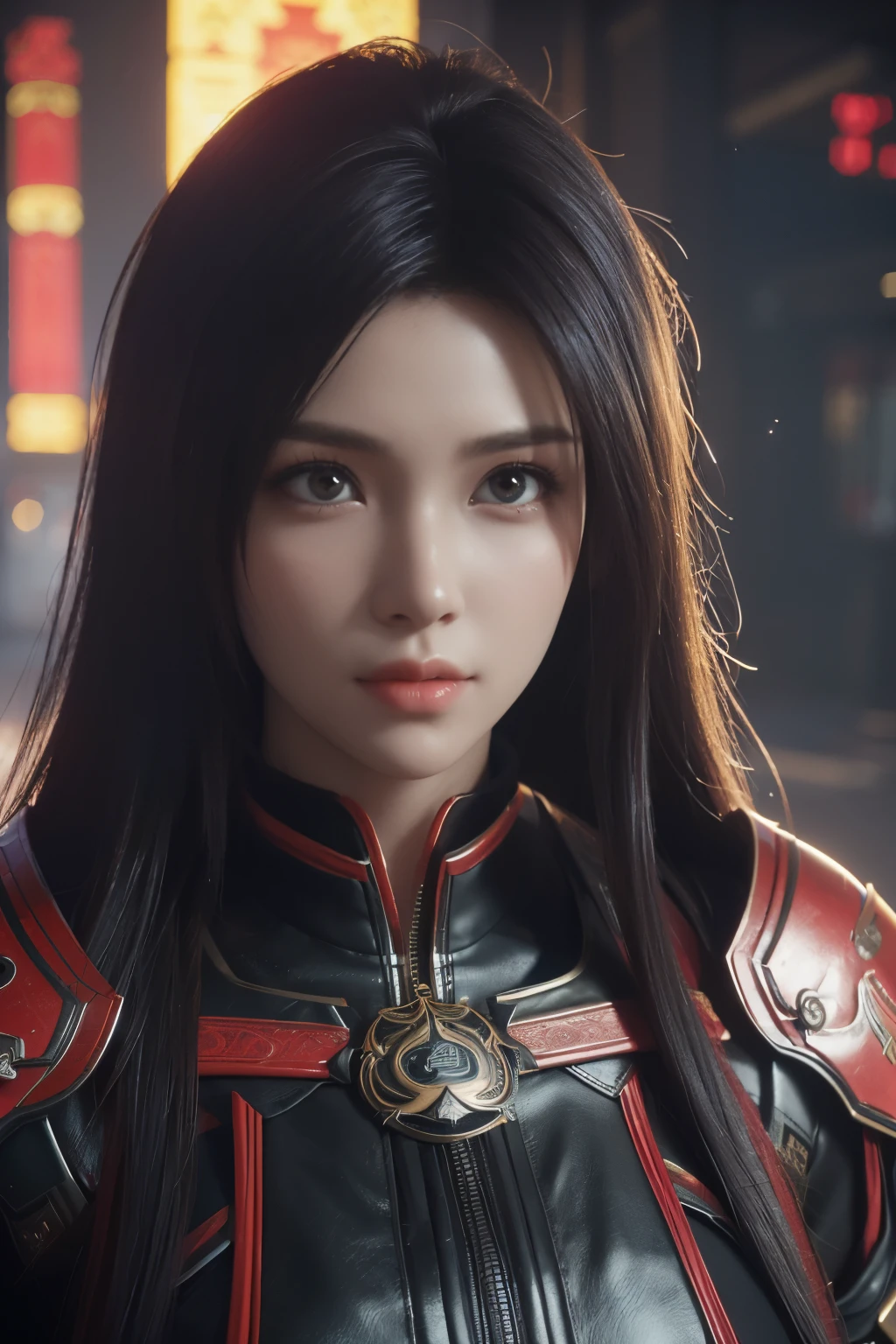 Game art,The best picture quality,Highest resolution,8K,((A bust photograph)),((Portrait)),((Head close-up)),(Rule of thirds),Unreal Engine 5 rendering works, (The Girl of the Future),(Female Warrior), 22岁少女,(Female hackers),(Rainbow hair,Ancient Oriental hairstyle),((The pupils of the red eyes:1.3)),(A beautiful eye full of detail),(Big breasts),(Eye shadow),优雅迷人,冷漠,((Anger)),(Cyberpunk jacket full of futuristic look,Joint Armor,There are exquisite Chinese patterns on the clothes,A flash of jewellery),赛博朋克人物,未来风格, 拍照姿势,城市背景,Movie lights,Ray tracing,Game CG,((3D Unreal Engine)),oc渲染反射纹,(Card border)