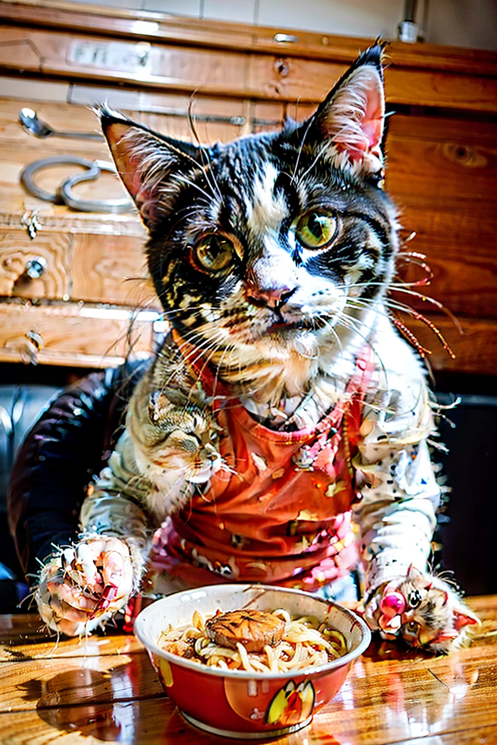 一只of cats，of cats，Pink tones，wearing sportswear，cuteof cats，At McDonald's restaurants，cat meal，With a knife and fork，Cat eating noodles，Dumb cute，cute,It&#39;s a cat，nobody