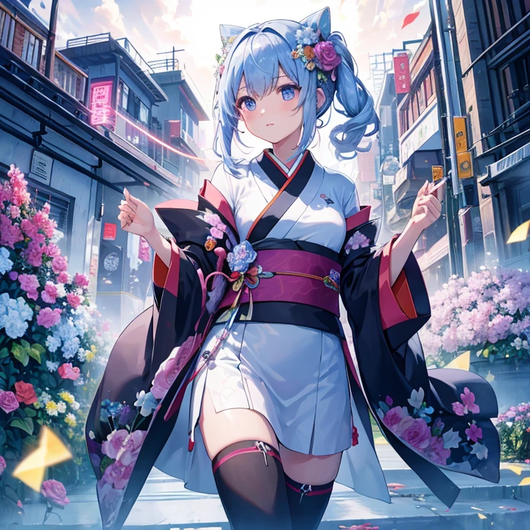 make fresh flowers、Machine Woman、kimono、computer、electrons flying around、Bewitching、8K、future、Mechanical devices、