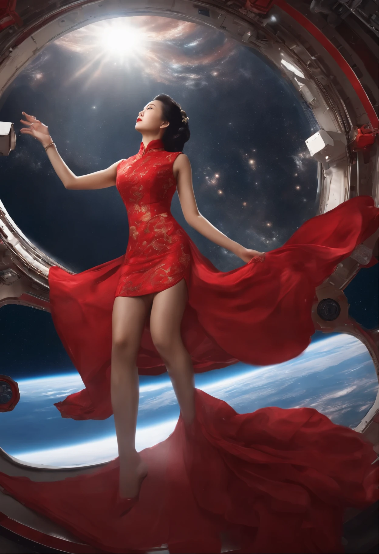 An awe-inspiring digital rendering capturing the sheer beauty of an Asian lady donned in a red cheongsam, suspended motionlessly inside the International Space Station amidst a dreamlike zero-gravity setting, showcasing Earth's majesty seen from space, accompanied by dazzling stars in the background.
