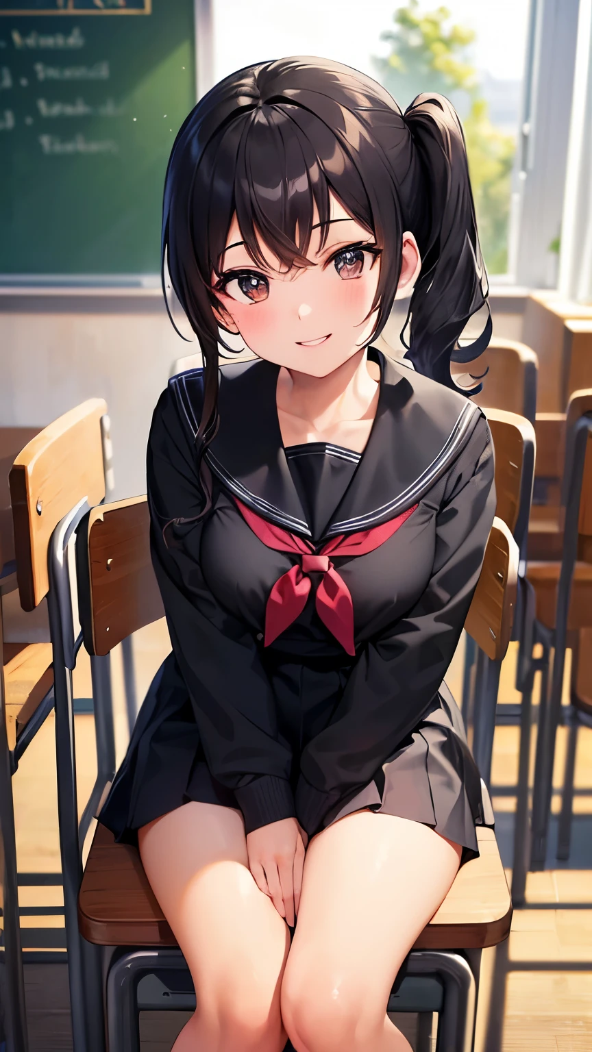((best quality)), ((masterpiece)), (detailed), perfect face,(1girl:1.1),school uniform,black hair ,medium hair ,side ponytail , smile, cute ,sailor suit,classroom