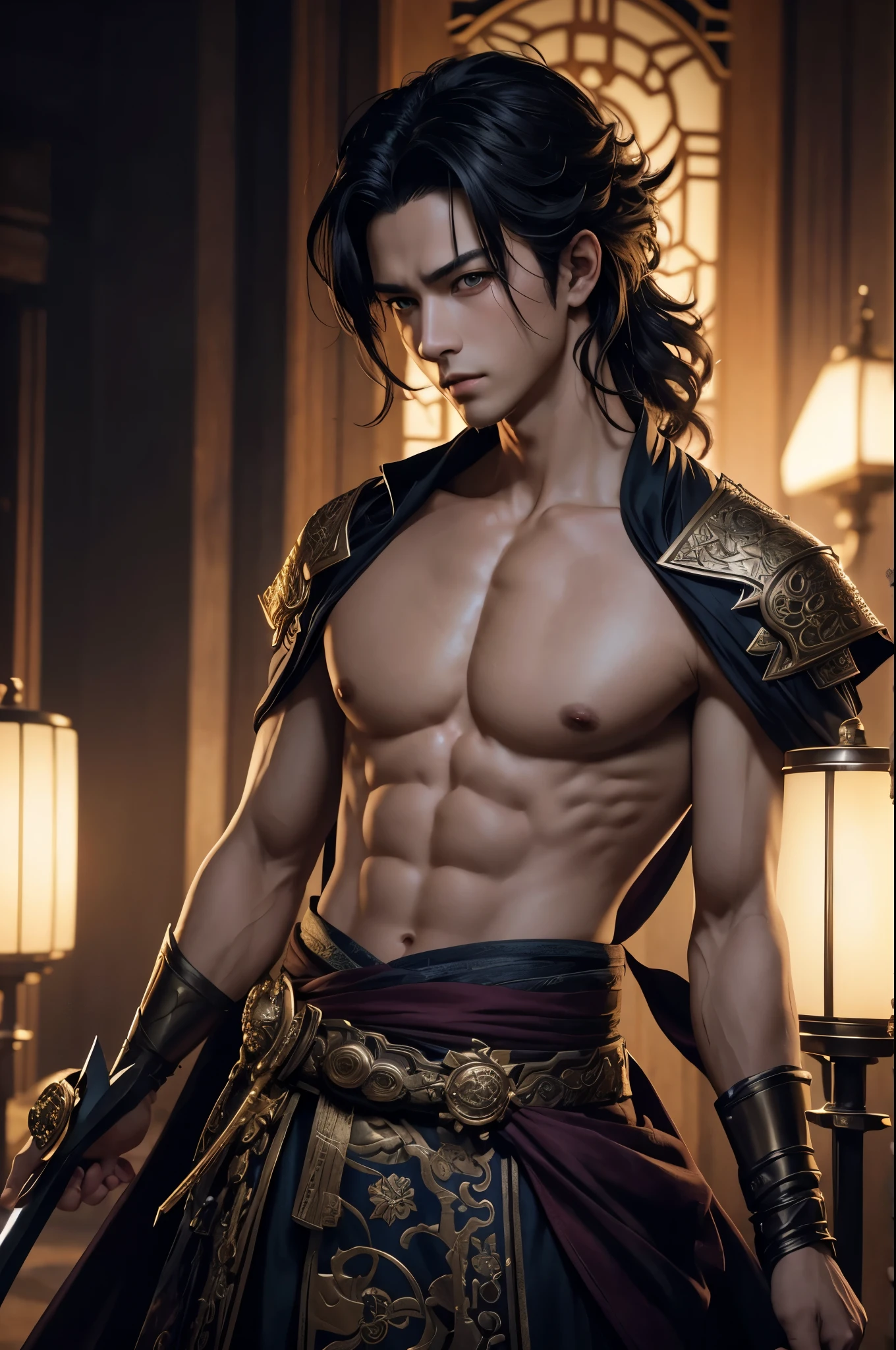 8K,Close-up of a costumed god holding a sword、beautiful androgynous prince、super handsome(like the real thing),realistic skin,Genshin Impact's dawn、delicate androgynous prince、zhongli from genshin impact、Demon Slayer: Kimetsu no Yaiba art handsome man、kashmir art、2。5 D CGIアニメfantasy artワーク、male portrait,fantasy art,character art,rich colors, Backlight, cinematic lighting, film grain, born, 50mm lens, Nikon D850,ultra high resolution,Super realistic,