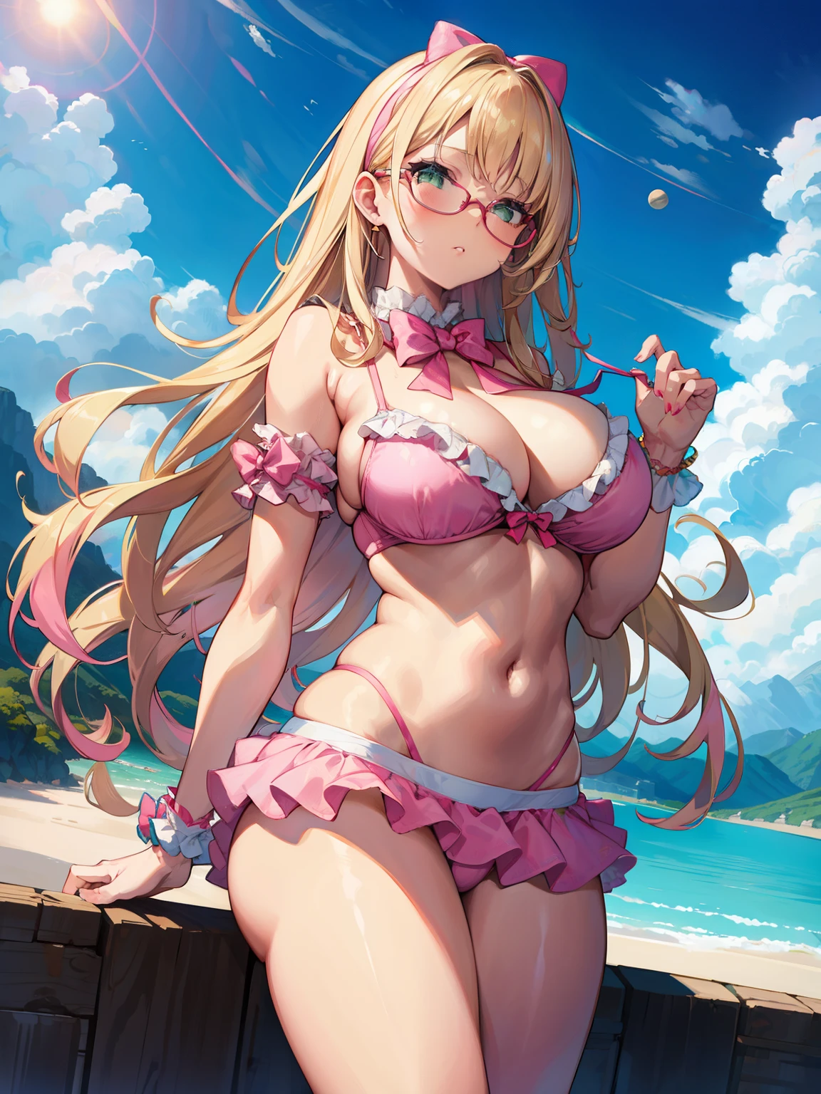 Sandy blonde hair, glasses, green eyes, l big boobs, thick thighs, hours glasses, wavey hair, (((1girl))),  ruffled pink bra, pink ruffles, white ruffles, small bowtie in the middle of bra, ruffles sleeves on arm, one string sleeves, pink short skirt, toned stomach, large thighs, large ass, large boobs, Saturn in the back, mountains, planets in the sky, bright blue sky