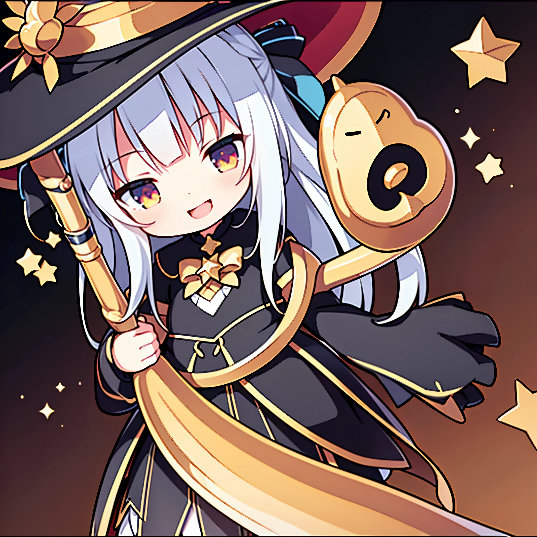 ((highest quality)),(ultra high resolution),(Super detailed),(detailed description),((best CG)),(best work of art),super precision art,great drawing art,(Art with precise details:1.5), (1 girl:1.6),cute witch:1.5,smile:1.4,Star cane:1.5,skip:1.4 shooting star:1.3